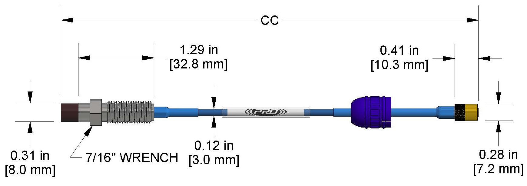A dimension drawing of a Reverse Mount CTC PRO Line Hazardous-Area Approved DP1001 proximity probe.